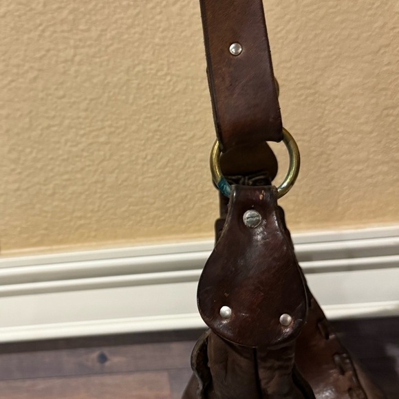 Vintage handmade Leather 70s Bag Fold Over Top Bohemian Metal Hardware - Picture 6 of 7